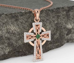 Diamond Emerald Rose Gold Silver Celtic Cross Necklace