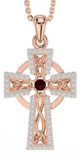 Diamond Garnet Rose Gold Silver Celtic Cross Necklace