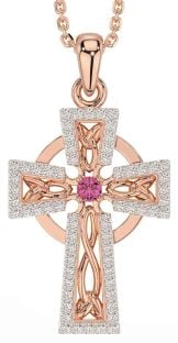 Diamond Pink Tourmaline Rose Gold Silver Celtic Cross Necklace