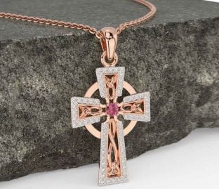 Diamond Pink Tourmaline Rose Gold Silver Celtic Cross Necklace