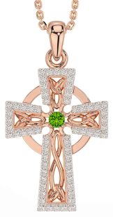 Diamond Peridot Rose Gold Silver Celtic Cross Necklace