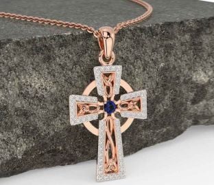 Diamond Sapphire Rose Gold Silver Celtic Cross Necklace