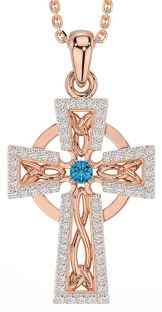 Diamond Topaz Rose Gold Silver Celtic Cross Necklace