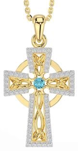 Diamond Aquamarine Gold Silver Celtic Cross Necklace