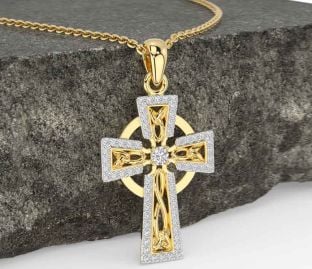 Diamond Gold Silver Celtic Cross Necklace