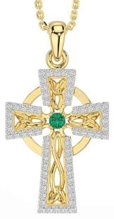 Diamond Emerald Gold Silver Celtic Cross Necklace