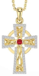 Diamond Ruby Gold Silver Celtic Cross Necklace