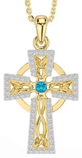 Diamond Topaz Gold Silver Celtic Cross Necklace