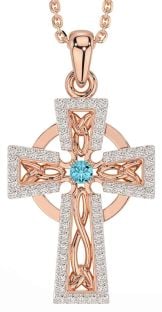 Diamond Aquamarine Rose Gold Celtic Cross Necklace