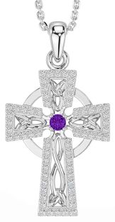 Diamond Amethyst Silver Celtic Cross Necklace