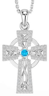 Diamond Aquamarine Silver Celtic Cross Necklace