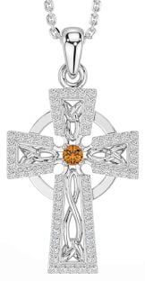 Diamond Citrine Silver Celtic Cross Necklace