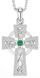 Diamond Emerald Silver Celtic Cross Necklace