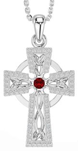 Diamond Garnet Silver Celtic Cross Necklace