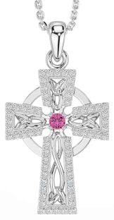 Diamond Pink Tourmaline Silver Celtic Cross Necklace