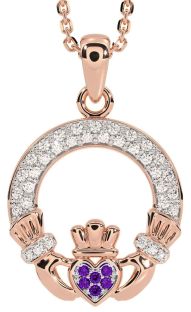 Diamond Amethyst Rose Gold Silver Claddagh Necklace