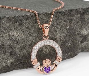 Diamond Amethyst Rose Gold Silver Claddagh Necklace