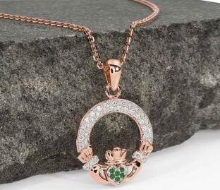 Diamond Emerald Rose Gold Silver Claddagh Necklace