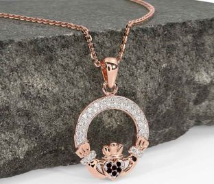 Diamond Garnet Rose Gold Silver Claddagh Necklace