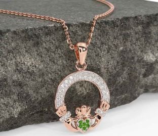 Diamond Peridot Rose Gold Silver Claddagh Necklace
