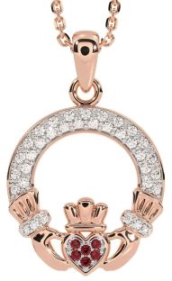 Diamond Ruby Rose Gold Silver Claddagh Necklace