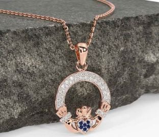 Diamond Sapphire Rose Gold Silver Claddagh Necklace