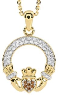 Diamond Citrine Gold Silver Claddagh Necklace