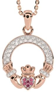 Diamond Pink Tourmaline Rose Gold Claddagh Necklace