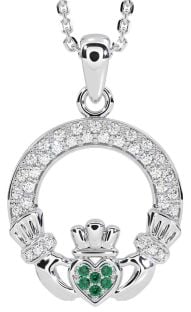 Diamond Emerald Silver Claddagh Necklace