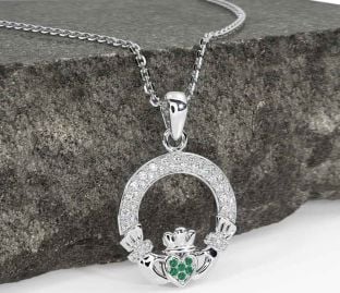 Diamond Emerald Silver Claddagh Necklace