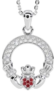 Diamond Ruby Silver Claddagh Necklace