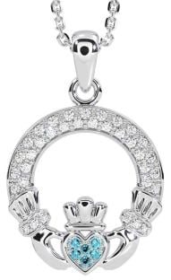 Diamond Aquamarine White Gold Claddagh Necklace