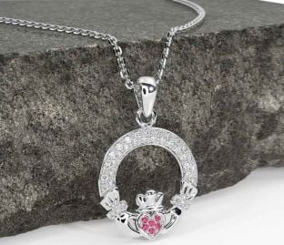Diamond Pink Tourmaline White Gold Claddagh Necklace