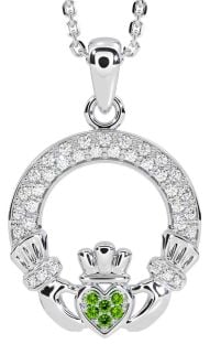 Diamond Peridot White Gold Claddagh Necklace