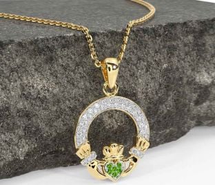 Diamond Peridot Gold Claddagh Necklace