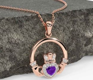 Diamond Amethyst Rose Gold Silver Claddagh Necklace