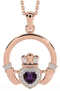 Diamond Alexandrite Rose Gold Silver Claddagh Necklace