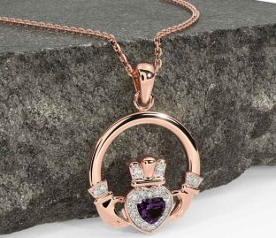 Diamond Alexandrite Rose Gold Silver Claddagh Necklace