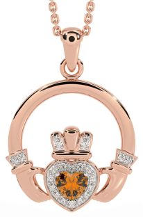 Diamond Citrine Rose Gold Silver Claddagh Necklace