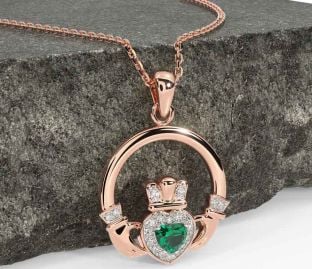 Diamond Emerald Rose Gold Silver Claddagh Necklace