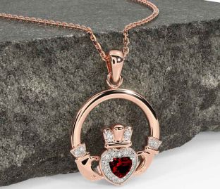 Diamond Garnet Rose Gold Silver Claddagh Necklace