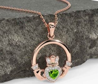 Diamond Peridot Rose Gold Silver Claddagh Necklace