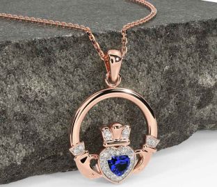 Diamond Sapphire Rose Gold Silver Claddagh Necklace