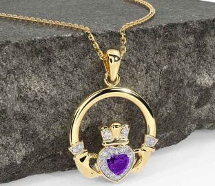 Diamond Amethyst Gold Silver Claddagh Necklace