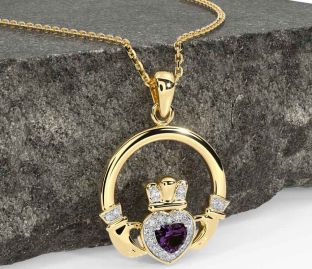 Diamond Alexandrite Gold Silver Claddagh Necklace