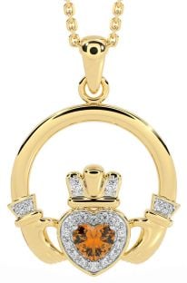 Diamond Citrine Gold Silver Claddagh Necklace