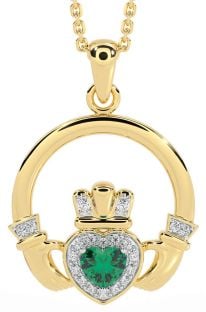 Diamond Emerald Gold Silver Claddagh Necklace