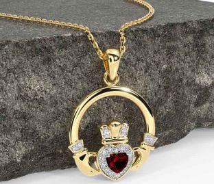 Diamond Garnet Gold Silver Claddagh Necklace