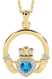 Diamond Topaz Gold Silver Claddagh Necklace