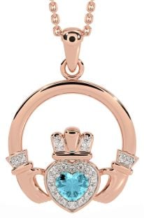 Diamond Aquamarine Rose Gold Claddagh Necklace